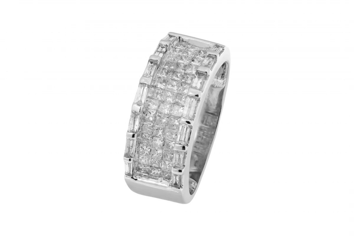 14ct White Gold Diamond Baguette & Princess Cut Mens Ring 0.98ct