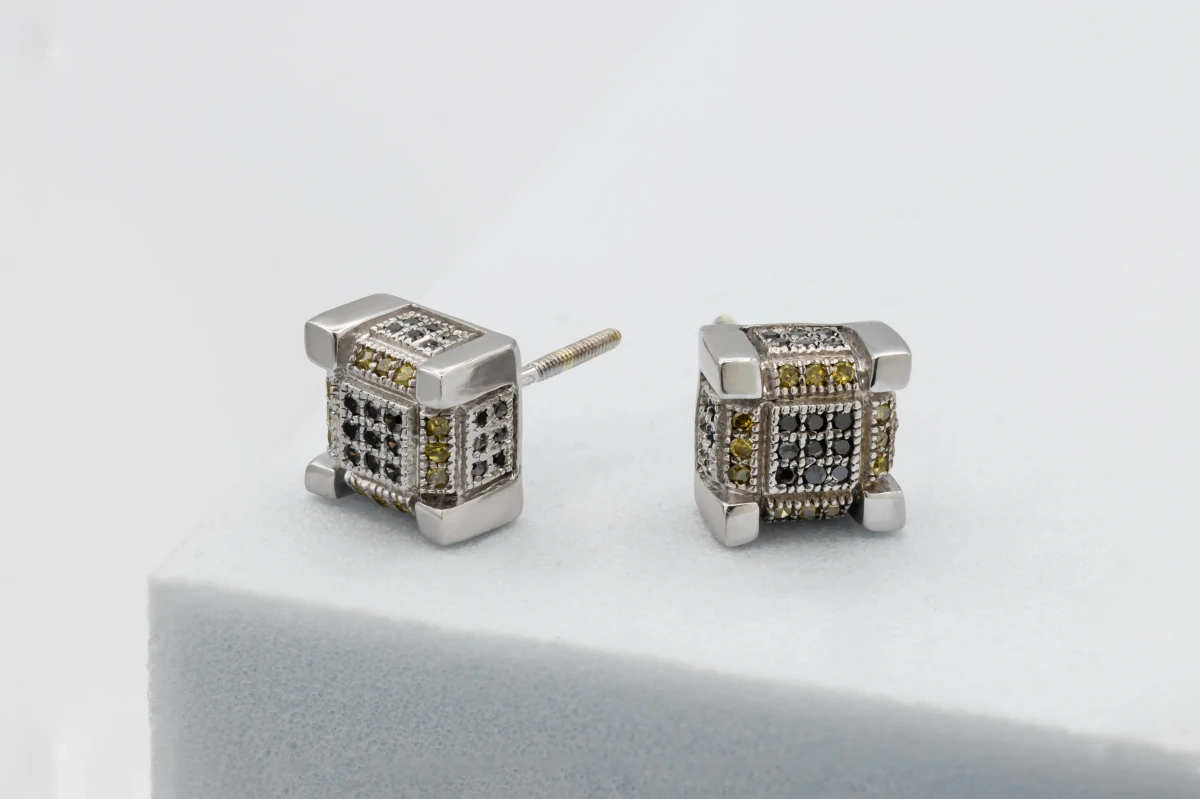 9ct White Gold Black & Yellow Diamond Square Stud Earrings 0.20ct