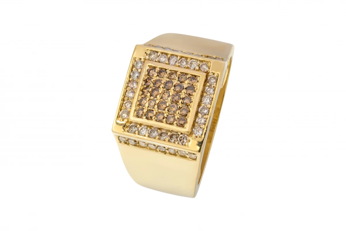 14ct Yellow Gold White & Chocolate Diamond Square Mens Ring 1.20ct