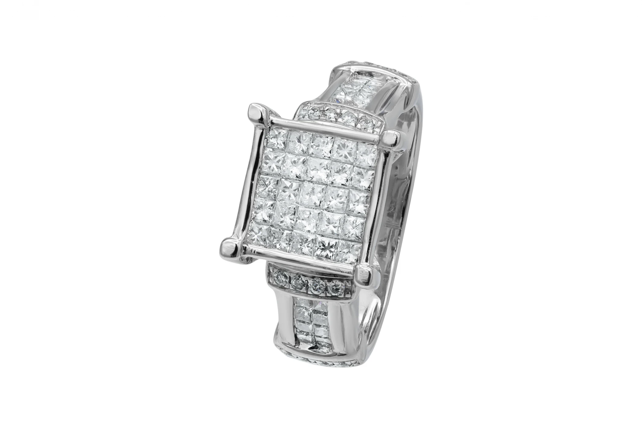 14ct White Gold Diamond Princess & Round Cut Pave Ring 1.48ct 5.8g