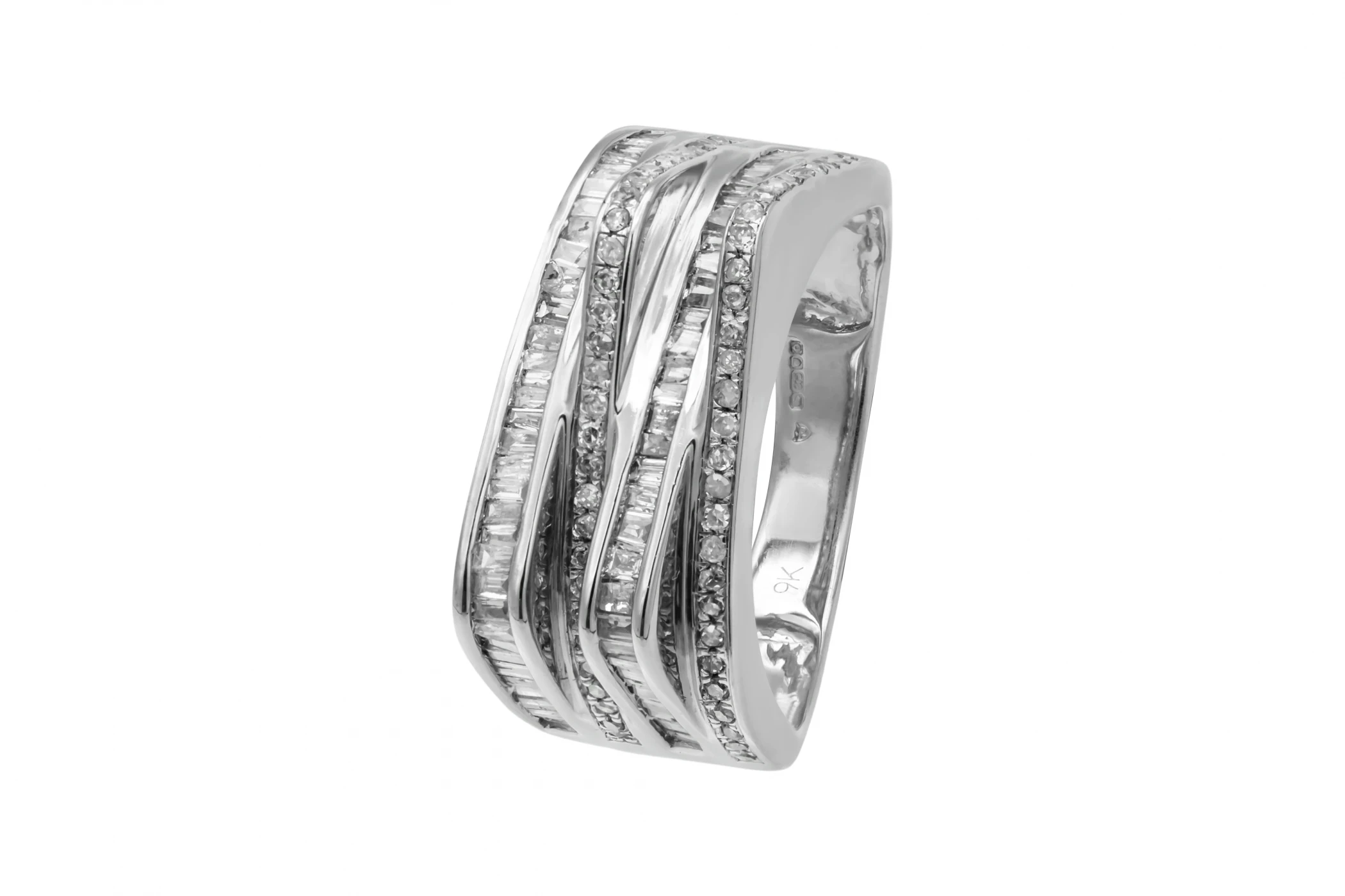 9ct White Gold 4 Row Diamond Baguettes & Rounds Ring 5.9g 0.88ct