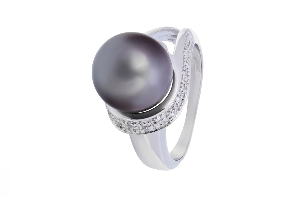 9ct White Gold Diamond & Cultured Tahitian Black Pearl Ring 5.6g