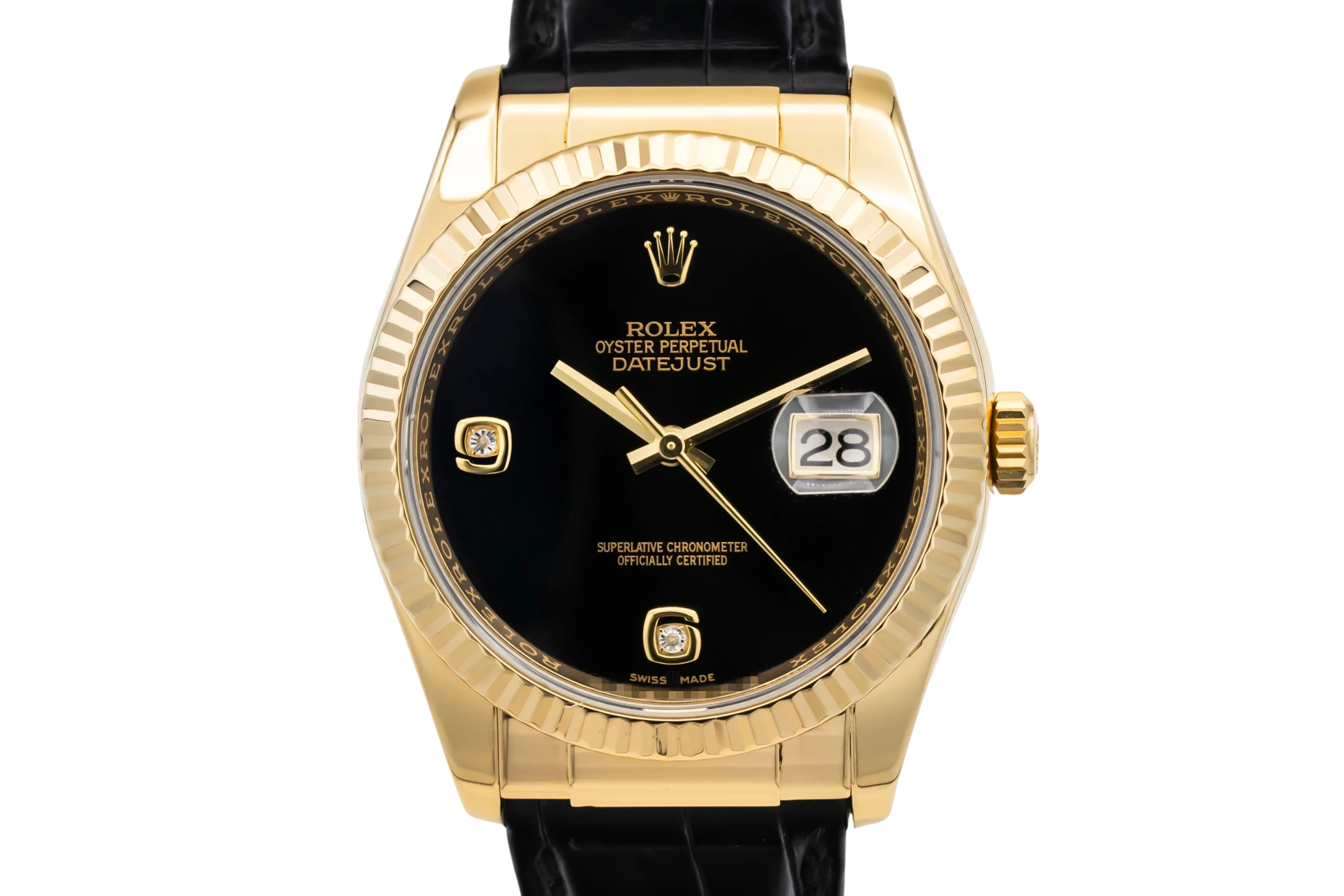 Rolex DateJust 36mm 18ct Yellow Gold Black Leather 116138 2008